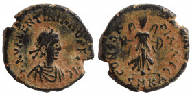Valentinian III, 425-455. Ae (bronze, 1.25 g, 13 mm). Cyzicus, struck 425/35. DN VALENTINIANO PF AVG Pearl-diademed, draped, and cuirassed bust right....