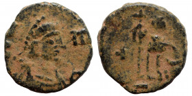 Leo I, 457-474. Nummus (bronze, 0.80 g, 11 mm), Constantinople. D N LEO Diademed, draped and cuirassed bust right. Rev Leo standing facing, head right...