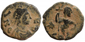 Leo I, 457-474. Nummus (bronze, 1.07 g, 11 mm), Constantinople. D N LEO Diademed, draped and cuirassed bust right. Rev Leo standing facing, head right...