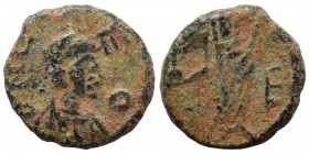 Leo I, 457-474. Nummus (bronze, 1.20 g, 11 mm), Constantinople. D N L-EO Pearl-diademed, draped and cuirassed bust of Leo I to right. Rev. Verina stan...