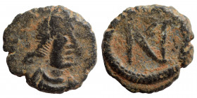 Zeno, second reign, 476-491. Nummus (bronze, 0.65 g, 10 mm), Thessalonica. D N ZENO AV Pearl-diademed, draped, and cuirassed bust right. Rev. Zeno mon...