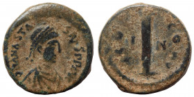 Anastasius I, 491-518. Decanummium (bronze, 3.80 g, 16 mm) Nicomedia, struck circa 498-507. Diademed, draped, and cuirassed bust right. Rev. Large I b...