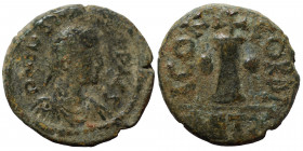 Justin I, 518-527. Dekanummium (bronze, 3.21 g, 16 mm), Antioch. D N IVSTINVS P P AVC Diademed, draped and cuirassed bust of Justin I to right. Rev. Δ...