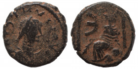 Justin I, 518-527. Pentanummium (bronze, 1.79 g, 13 mm), Antioch. D N IVSTINVS P P AVG Diademed, draped and cuirassed bust of Justin I to right. Rev. ...