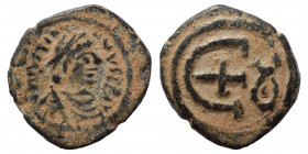 Justinian I, 527-565. Pentanummium (bronze, 2.52 g, 23 mm), Theoupolis (Antioch), circa 546-551. D N IVSTINIANVS P P A Diademed, draped and cuirassed ...