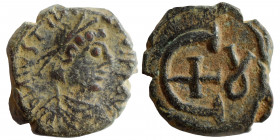 Justinian I, 527-565. Pentanummium (bronze, 2.20 g, 19 mm), Theoupolis (Antioch), circa 546-551. D N IVSTINIANVS P P A Diademed, draped and cuirassed ...