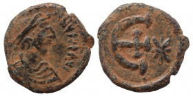 Justinian I, 527-565. Pentanummium (bronze, 1.85 g, 15 mm), Theoupolis (Antioch), 551-560. D N IVSTINIANVS P P AVG Diademed, draped, and cuirassed bus...