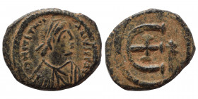 Justinian I, 527-565. Pentanummium (bronze, 2.40 g, 17 mm), Theoupolis (Antioch), 551-560. D N IVSTINIANVS P P AVG Diademed, draped, and cuirassed bus...