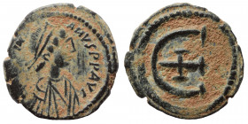Justinian I, 527-565. Pentanummium (bronze, 3.33 g, 18 mm), Theoupolis (Antioch), struck 542. D N IVSTINIANVS P P AVG Diademed, draped, and cuirassed ...