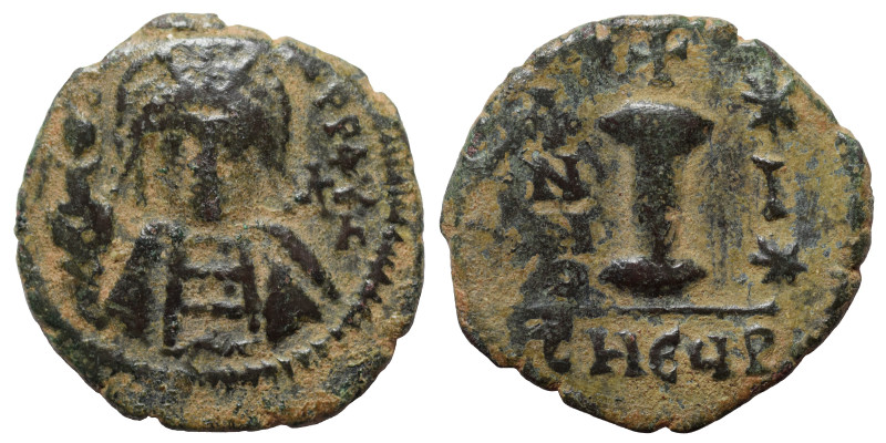 Justin II. 565-578. Dekanummium (bronze, 2.82 g, 19 mm). Theoupolis (Antioch). D...