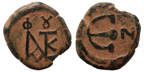 Justin II, 565-578. Pentanummium (bronze, 2.21 g, 15 mm), Nicomedia. Monogram of Justin II. Rev. Large Є; in field to right, N. DOC 116. MIB 49. SB 37...