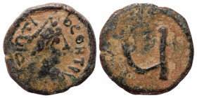 Tiberius II Constantine, 578-582. Pentanummium (bronze, 1.78 g, 16 mm), Constantinople. δ m Tib CON P P AVI Diademed, draped and cuirassed bust of Tib...