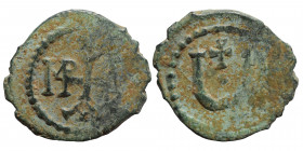 Maurice Tiberius, 582-602. Pentanummium (bronze, 1.24 g, 16 mm), Theoupolis (Antioch). Monogram 15. Rev. Large Ч with pellet in center; cross above. S...