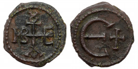Maurice Tiberius. 582-602. Pentanummium (bronze, 1.29 g, 15 mm). Theoupolis (Antioch). Monogram. Rev. Large Є; cross to right. SB 542 var (monogram). ...