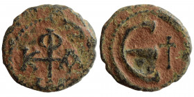 Phocas, 602-610. Pentanummium (bronze, 1.13 gr, 14 mm), Antioch. Monogram of Phocas. Rev. Large Є; to right, cross. DOC -; MIB 89; SB 676A. Nearly ver...