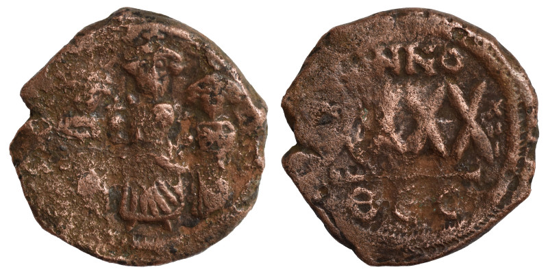 Heraclius, with Martina and Heraclius Constantine, 610-641. Follis (bronze, 5.75...
