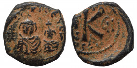 Heraclius, with Heraclius Constantine, 610-641. Half Follis (bronze, 4.44 g, 21 mm), Seleucia Isauriae, regnal year 7 (616-617). Crowned and draped bu...