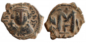 Constans II, 641-668. Nummus (bronze, 3.60 g, 21 mm), Constantinople. [И MPR] CONSƮ, crowned facing bust, holding globus cruciger. Rev. Large M; cross...