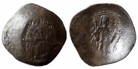 Isaac II Angelus. First reign, 1185-1195. BI Aspron Trachy (billon, 2.44 g, 28 mm), Constantinople. The Theotokos enthroned facing, holding head of Ho...