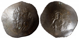 Isaac II Angelus. First reign, 1185-1195. BI Aspron Trachy (billon, 2.82 g, 27 mm), Constantinople. The Theotokos enthroned facing, holding head of Ho...