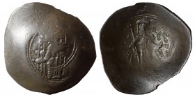 Isaac II Angelus. First reign, 1185-1195. BI Aspron Trachy (billon, 4.53 g, 28 mm), Constantinople. The Theotokos enthroned facing, holding head of Ho...