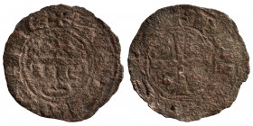 CRUSADERS. Principality of Antioch. Raymond of Poitiers, 1136-1149. Fractional Denier (Bronze, 0.70 g, 17 mm). +PRINCEPS Cross pattée with pellet in e...