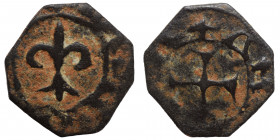 CRUSADERS. Principality of Antioch. Bohémond V. 1233-1251. Ae pougeoise (bronze, 0.61 g, 14 mm). [+BOANVNDVS] (?) Fleur-de-lis. Rev. +AN[TIOCHIA] Cros...