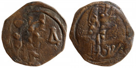 CRUSADERS. Edessa. Baldwin II, second reign, 1108-1118. Follis (bronze, 3.03 g, 22 mm). [B/Δ Baldwin II, wearing armor and conical helmet, standing fa...