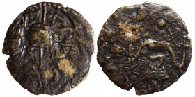 CRUSADERS. Edessa. Baldwin II, second reign, 1108-1118. Follis (bronze, 2.69 g, 22 mm). Count Baldwin II, dressed in chain-armour and conical helmet, ...