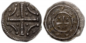 HUNGARY. Stephan II, 1116 - 1131. Denar (silver, 0.26 gm 10 mm). Cross with crescent, triangle and cross in each angle. Rev. Short cross, with triangl...
