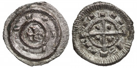 HUNGARY. Bela II, 1131-1141. Denar (silver, 0.25 g, 11 mm). Cross with pellets in angles; pseudo legend around. Rev. Short cross with pellet in each a...