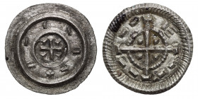HUNGARY. Bela II, 1131-1141. Denar (silver, 0.28 g, 12 mm). Cross with pellets in angles; pseudo legend around. Rev. Short cross with pellet in each a...
