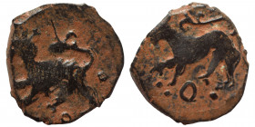 ISLAMIC. Mamluks. al-Nasir Nasir al-Din al-Hasan, AH 748-762 / AD 1347-1361. Fals (bronze,1.18 g, 14 mm), Halab. Lion passant to left and two pellets ...