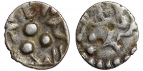INDIA, Sind & Multan. Amirs of Multan. Jalam II, circa. 830-840. AR damma (silver, 0.47 g, 12 mm). Stylized bust right. Rev. 3 central pellets, Arabic...
