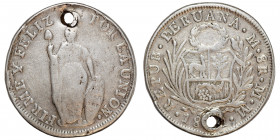 PERU. 8 Reales, 1831. Silver, 40 mm), Lima mint. Standing Liberty FIRME Y FELIZ POR LA UNIÓN. Rev. REPUB. PERUANA. M.8 M. M. KM-142.3. Holed, otherwis...
