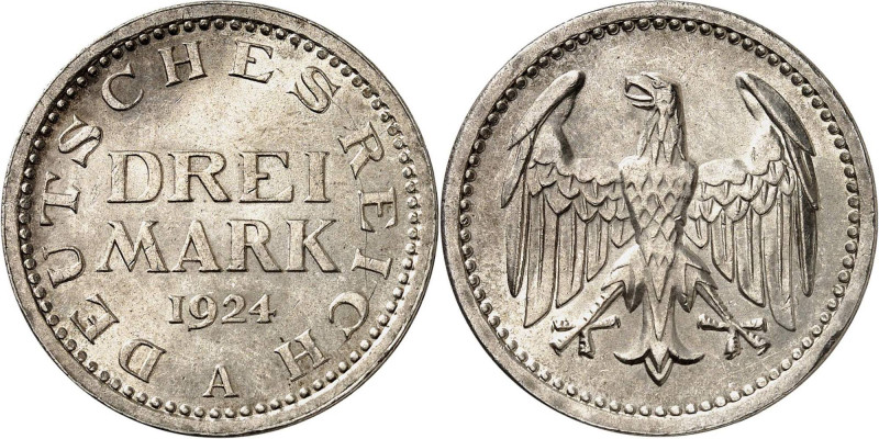 WEIMARER REPUBLIK | diverse
3 Mark 1924 A. 14.89 g. Kursmünze. J. 312

Vorzüg...