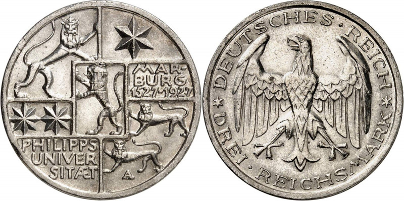 WEIMARER REPUBLIK | diverse
3 Mark 1927 A. 14.98 g. Universität Marburg. J. 330...