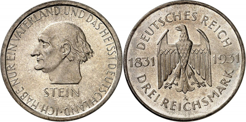 WEIMARER REPUBLIK | diverse
3 Mark 1931 A. 15.03 g. Freiherr vom Stein. J. 348...