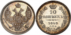 RUSSLAND | GROSSFUERSTENTUM / KAISERREICH
Nikolaus I., 1825 - 1855. 10 Kopeken 1843, АЧ St. Petersburg. 2.08 g. Bitkin 366 Sehr selten in dieser Erha...