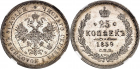 RUSSLAND | GROSSFUERSTENTUM / KAISERREICH
Alexander II., 1855 - 1881. 25 Kopeken 1859, ФБ St. Petersburg. In US-Plastkiholder der NGC mit der Bewertu...
