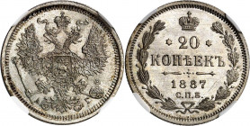 RUSSLAND | GROSSFUERSTENTUM / KAISERREICH
Alexander III., 1881 - 1894. 20 Kopeken 1887, АГ St. Petersburg. In US-Plastikholder der NGC mit der Bewert...