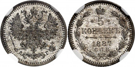 RUSSLAND | GROSSFUERSTENTUM / KAISERREICH
Alexander III., 1881 - 1894. 5 Kopeken 1887, АГ St. Petersburg. In US-Plastkiholder der NGC mit der Bewertu...