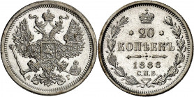 RUSSLAND | GROSSFUERSTENTUM / KAISERREICH
Alexander III., 1881 - 1894. 20 Kopeken 1888, АГ St. Petersburg. 3.52 g. Bitkin 107

Vorzüglich-Stempelgl...