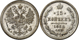 RUSSLAND | GROSSFUERSTENTUM / KAISERREICH
Alexander III., 1881 - 1894. 15 Kopeken 1888, АГ St. Petersburg. Bitkin 121 (R) R 

Sehr schön-vorzüglich...