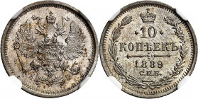 RUSSLAND | GROSSFUERSTENTUM / KAISERREICH
Alexander III., 1881 - 1894. 10 Kopeken 1889, АГ St. Petersburg. In US-Plastkiholder der NGC mit der Bewert...
