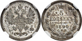 RUSSLAND | GROSSFUERSTENTUM / KAISERREICH
Alexander III., 1881 - 1894. 5 Kopeken 1890, АГ St. Petersburg. In US-Plastkiholder der NGC mit der Bewertu...
