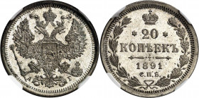 RUSSLAND | GROSSFUERSTENTUM / KAISERREICH
Alexander III., 1881 - 1894. 20 Kopeken 1891, АГ St. Petersburg. In US-Plastikholder der NGC mit der Bewert...