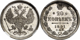 RUSSLAND | GROSSFUERSTENTUM / KAISERREICH
Alexander III., 1881 - 1894. 20 Kopeken 1891, АГ St. Petersburg. In US-Plastikholder der NGC mit der Bewert...