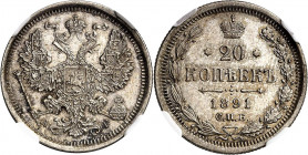 RUSSLAND | GROSSFUERSTENTUM / KAISERREICH
Alexander III., 1881 - 1894. 20 Kopeken 1891, АГ St. Petersburg. In US-Plastikholder der NGC mit der Bewert...
