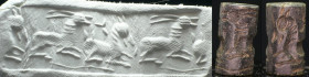 Moyen-Orient - Sceau cylindre en pierre (Animaux couchés) - 1000 / 500 av. J.-C.
Grand sceau en pierre noire représentant une scène avec 2 animaux à ...